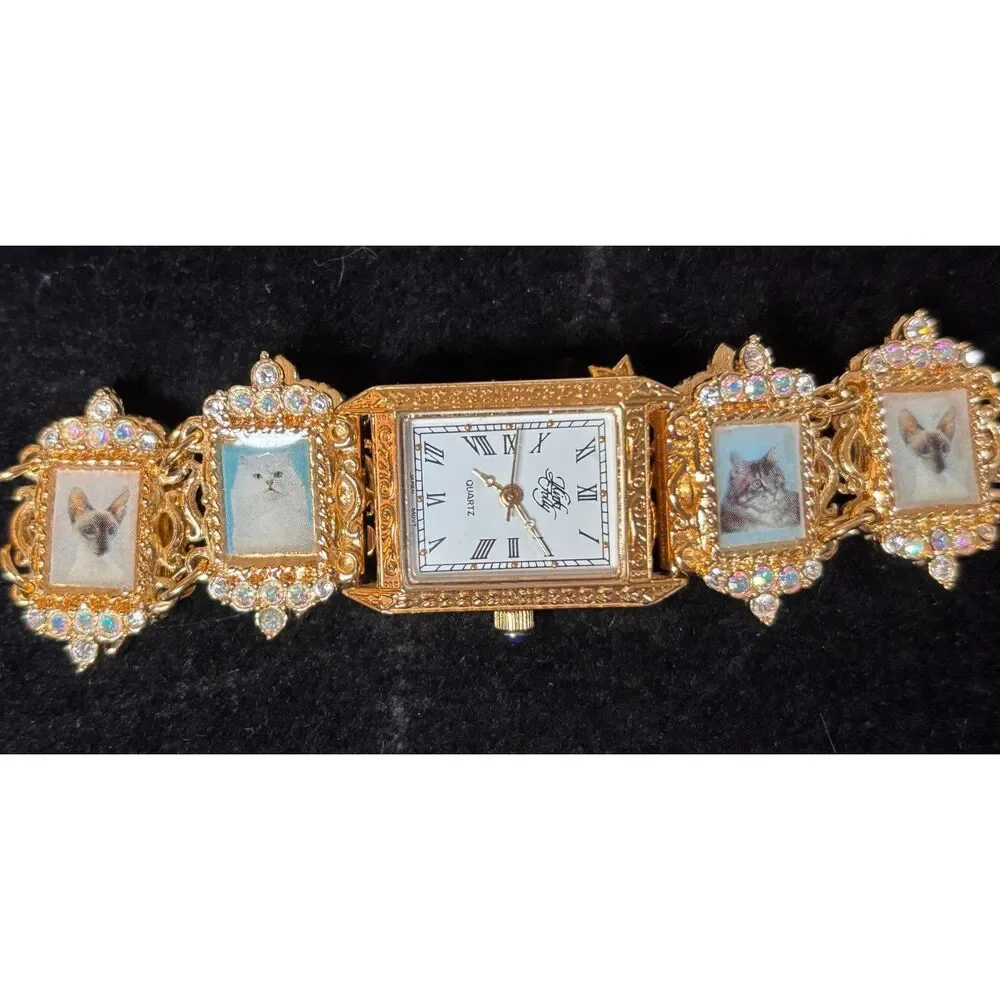 Rare VTG Kirks Folly Cat Portrait Gold Tone Bracelet Watch